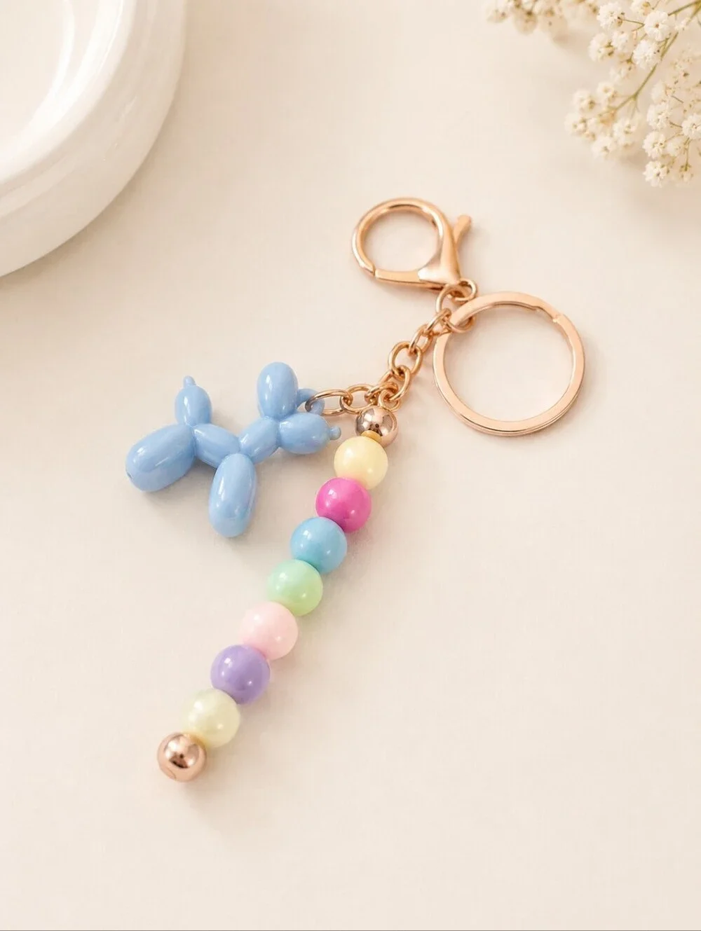 Pastel Balloon Dog Keychain | Cute Beaded Purse Charm | Rose Gold Key Ring